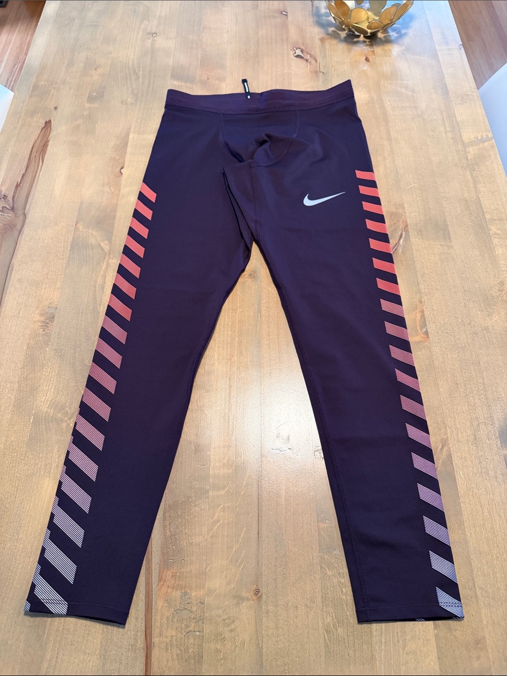 Nike Deep Purple Run Tights with Red Chevron Side Reflective Stripes - SM